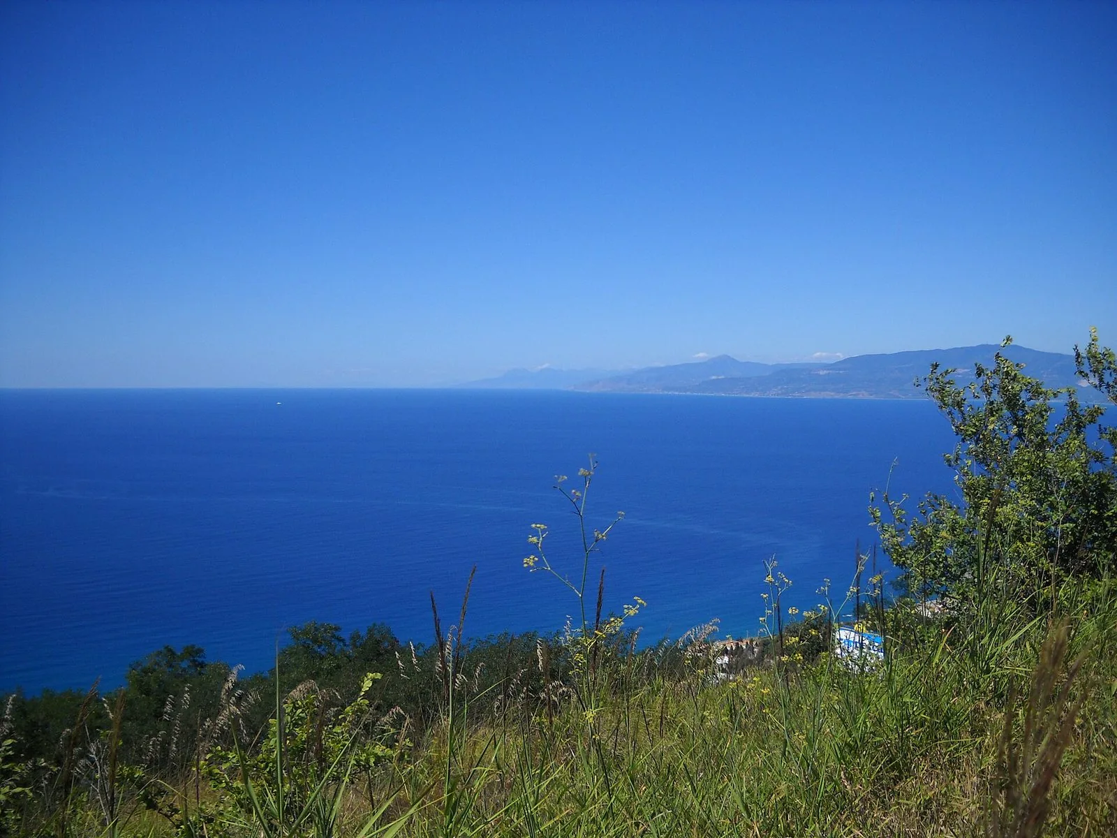 Il mare blu del golfo di Sant'Eufemia visto dall'alto di una collina, con l'erba alta in primo piano e la costa calabrese all'orizzonte